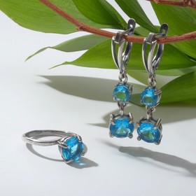 Гарнитур посеребрение 2 предмета: серьги, кольцо, роса "Топаз", цвет голубой, 18 размер