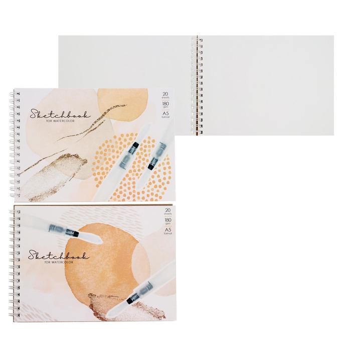 Скетчбук для акварели А5, 20 листов на гребне Soft color, обложка мелованный картон, блок белая бумага 180г/м2, МИКС