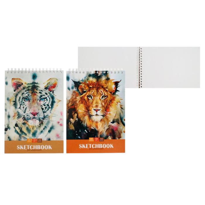 Скетчбук для акварели А5, 20 листов на гребне Wild cats, обложка мелованный картон, блок белая бумага 180г/м2, МИКС