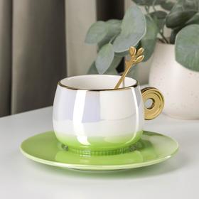 Кофейная пара с ложкой «Перламутр», чашка 240 мл, блюдце d=15 см, цвет светло-зелёный