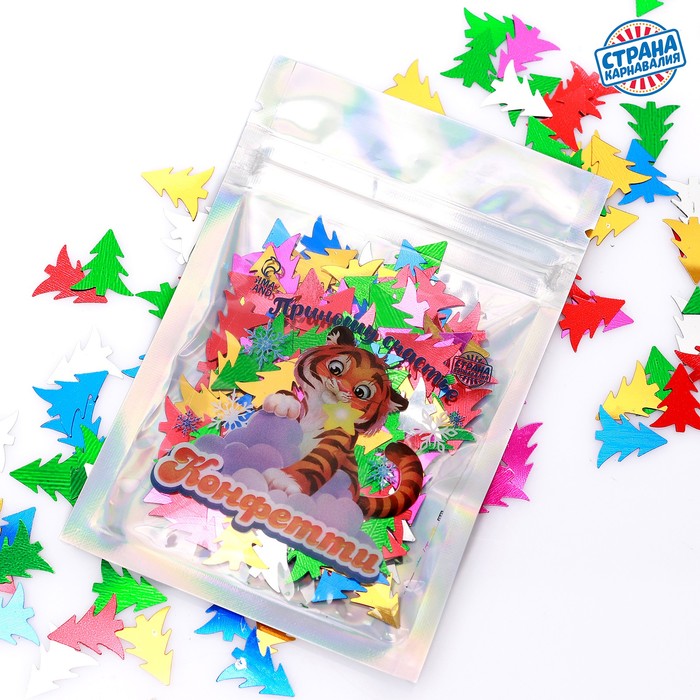 Праздничное конфетти «Приношу счастье» тигр, цветные ёлочки 14 г - фото 800340041