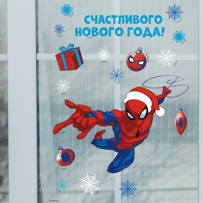 Наклейка на окно "Счастливого нового года!", Человек-паук