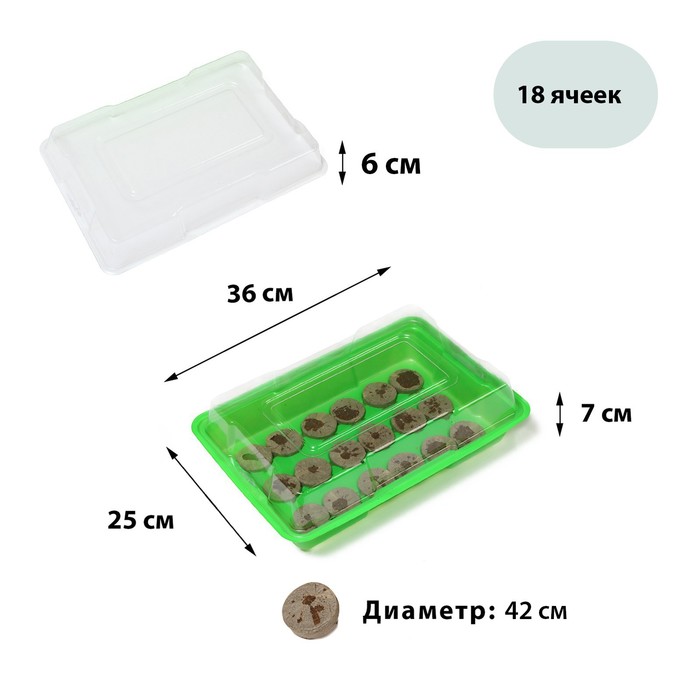 Мини-парник для рассады: торфяная таблетка d = 4,2 см (18 шт), парник 35,5 × 24,5 × 6 см, без вставок, зелёный - фото 4062050