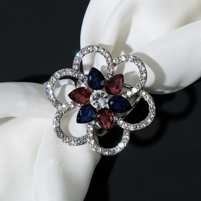 Кольцо для платка "Цветок" дуо, цветное в серебре - фото 3684337