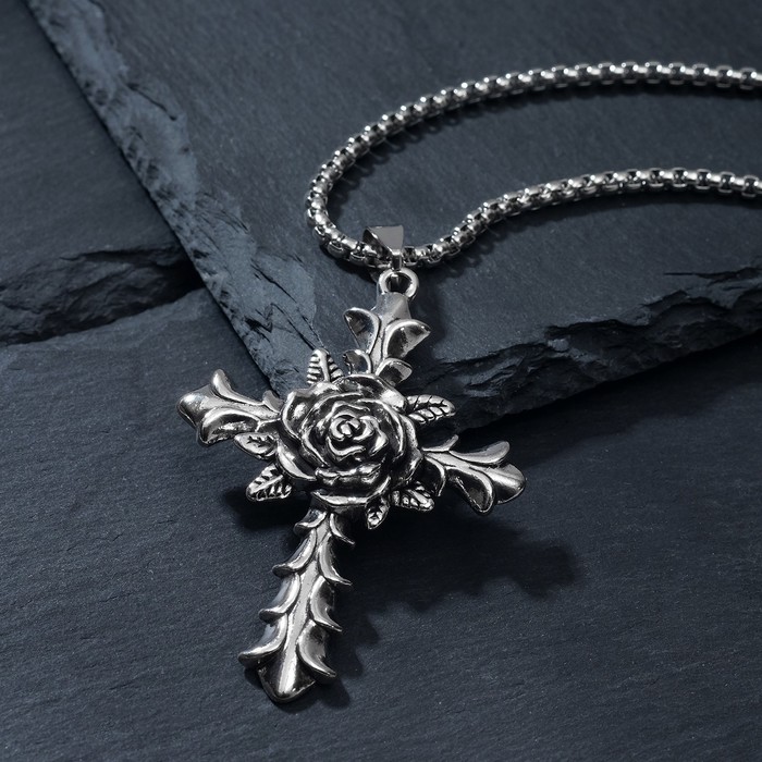 Кулон "Роза в кресте" розенкрейцерский орден, цвет чернёное серебро, 70см - фото 3686094