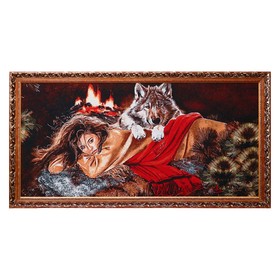 Гобеленовая картина"Девушка и волк у костра" 65х125 см