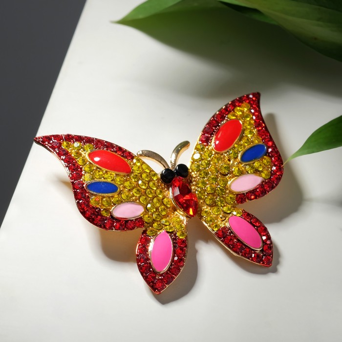 Брошь "Бабочка" яркая, цветная в розовом золоте - фото 3697664