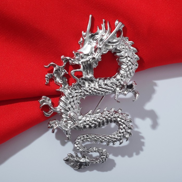 Брошь "Дракон", цвет матовое серебро - фото 3705597