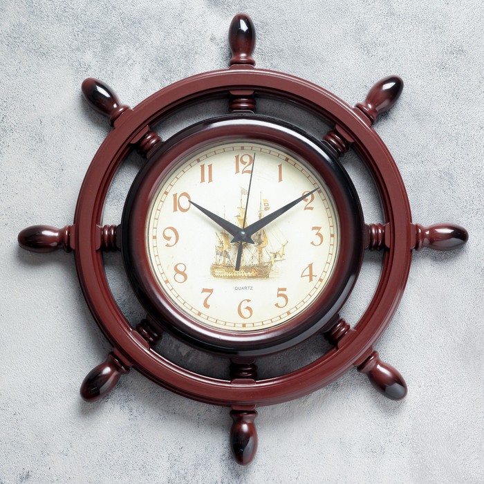 Часы настенные, серия: Море, "Штурвал", d=35 см, коричневая патина,