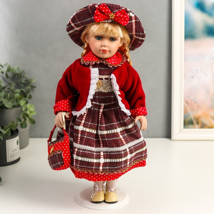 Кукла коллекционная керамика "Инга в красном, платье в горох и клетку"" 40 см | vlarni-land