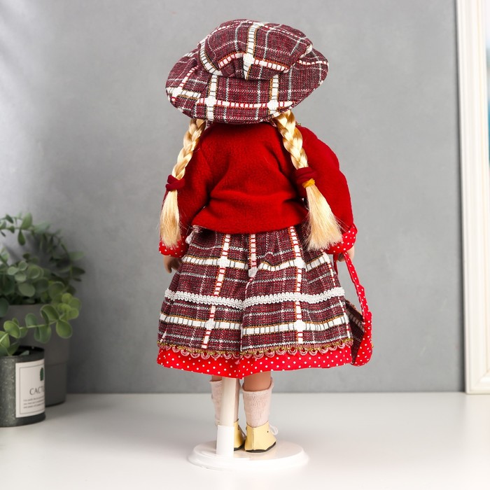 Кукла коллекционная керамика "Инга в красном, платье в горох и клетку"" 40 см | vlarni-land