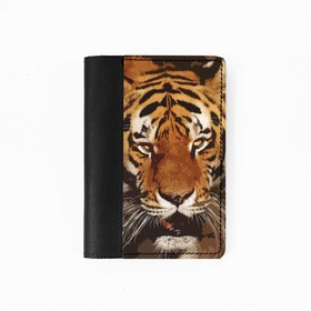 Обложка на паспорт комбинированная "Тигр недовольный", черная белая вставка 9,5х13,3х0,3см