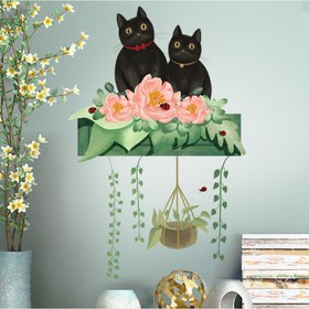 Наклейка пластик интерьерная цветная "Черные котики и цветы" 30х60 см