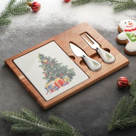 Набор для подачи сыра «Рождественская ель», 2 ножа, 26×18×1,5 см, прямоугольный, акация
