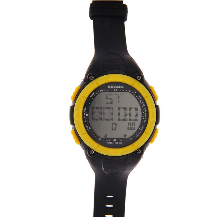 Часы наручные мужские электронные с будильником на силиконовом ремешке, цвет черный с желтым
