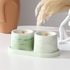 Candle in concrete with soy wax on a stand, wooden wick, white and green
