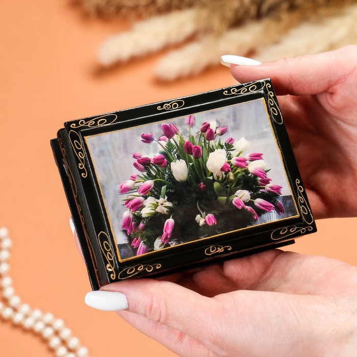 Шкатулка "Тюльпаны" , 8х10 см , лаковая миниатюра