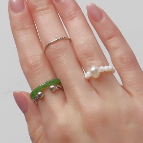 Кольцо набор 4 штуки "Джипси" 1 на фалангу, бусинки, цвет бело-зелёный в серебре, размер 16   712941
