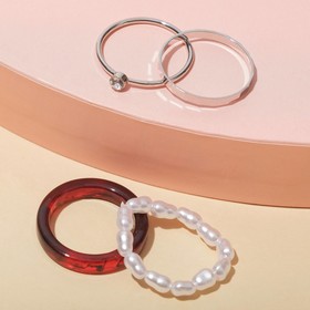 Кольцо набор 4 штуки "Джипси", эстетика, цвет красно-белый в серебре, размер 16-17