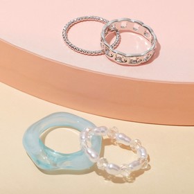 Кольцо набор 4 штуки "Джипси", кружева, цвет бело-голубой в серебре, размер 16-17