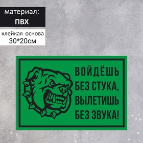 Табличка "Войдёшь-вылетишь" собака 300х200, клейкая основа, цвет чёрно-зелёный 7601810