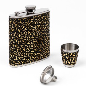 Gift set 3 in 1 "Curls", black with gold pattern: flask 210 ml + funnel and shot glass