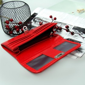 Women's wallet with flap, 2 sections, for cards, for coins, outer pocket, iguana, color scarlet. 