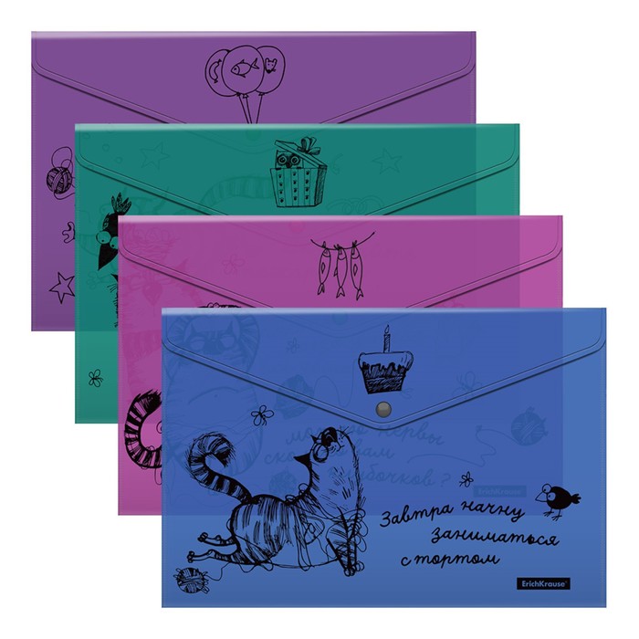 Набор папок-конвертов на кнопке А4, 160 мкм, ErichKrause Zen Cats, полупрозрачная, 4 шт., глянцевая, с принтом, микс - фото 4702222
