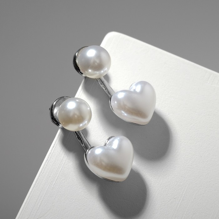 Серьги с жемчугом "Диорис" сердечки, нежность, цвет белый в серебре - фото 3782185