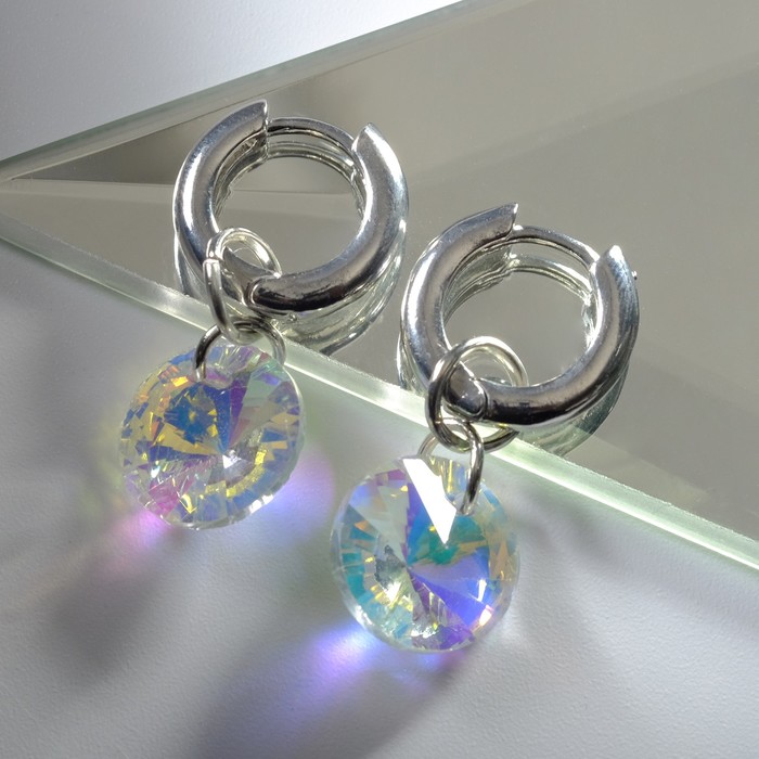 Серьги со съёмным элементом "Трансформер" круглый кристаллик, цвет радужный в серебре - фото 3782189