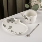 Чайная пара с ложкой «Котик», чашка 200 мл, блюдце 18×11 см - фото 800680479
