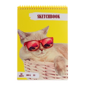 Скетчбук А5, 50 листов на гребне "Крутой кот", обложка мелованный картон, жёсткая подложка, матовая ламинация, выборочный лак, блок 100 г/м2