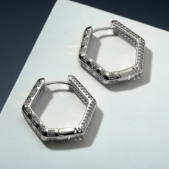 Серьги-кольца "Мини" шестиугольник, цвет белый в серебре - фото 4443689