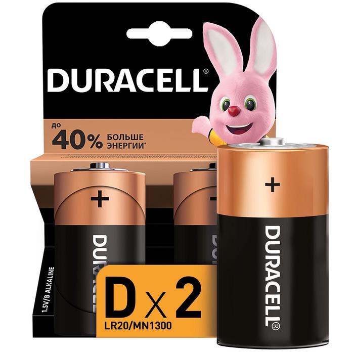 Батарейка алкалиновая Duracell Basic, D, LR20-2BL, 1.5В, блистер, 2 шт. - фото 260254