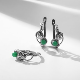 Гарнитур посеребрение 2 предмета: серьги, кольцо, кобри "Нефрит", 18,5 размер