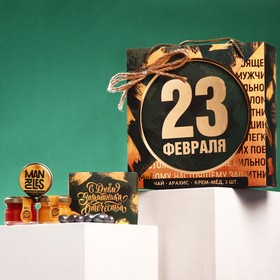 Набор «23 февраля: крем-мед 30 г. х 3 шт., чай чёрный 20 г., орехи в шоколаде 100 г.