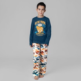 Пижама лонгслив и брюки «Симпл-димпл» для мальчика, рост 152 см., цвет темно-синий/бежевый