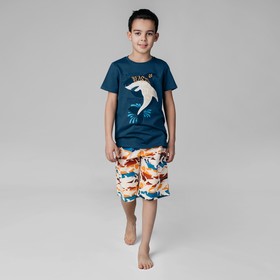 {{photo.Alt || photo.Description || 'Пижама футболка и шорты «Симпл-димпл» для мальчика, рост 158 см., цвет темно-синий/бежевый'}}
