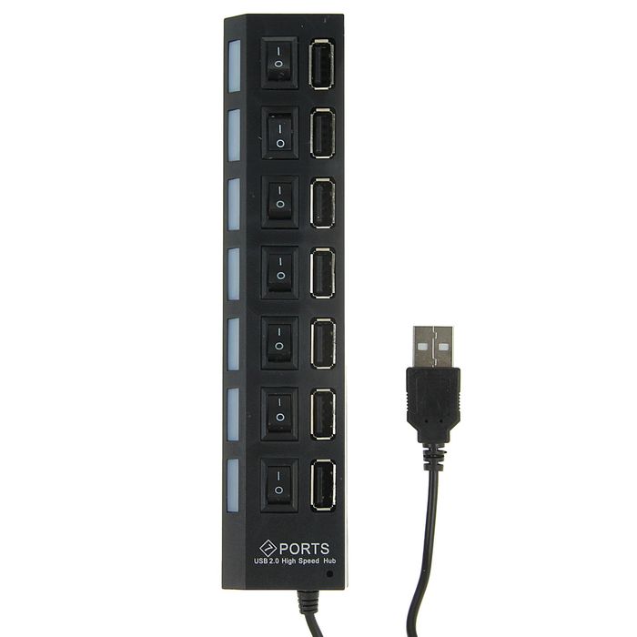 Разветвитель LuazON, 7 портов с выключателями и LED индикатором, USB 2.0, черный,