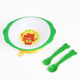 Набор  детской посуды «Медвежонок», тарелка на присоске 250мл, вилка, ложка - фото 10544107