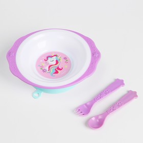 Набор  детской посуды «Единорожек», тарелка на присоске 250мл, вилка, ложка - фото 10544131