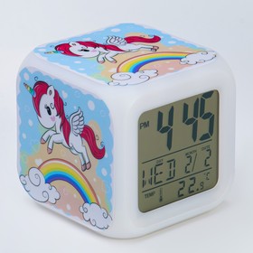 Часы настольные электронные "Единорог" с подсветкой, будильник,термометр,календарь, 8х8 см