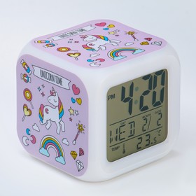 Часы настольные электронные "Единорог" с подсветкой, будильник,термометр,календарь, 8х8 см