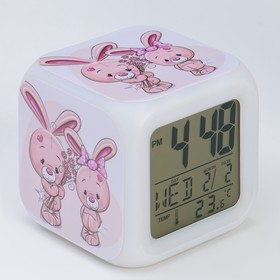 Часы настольные электронные "Зайка" с подсветкой, будильник,термометр,календарь, 8х8 см