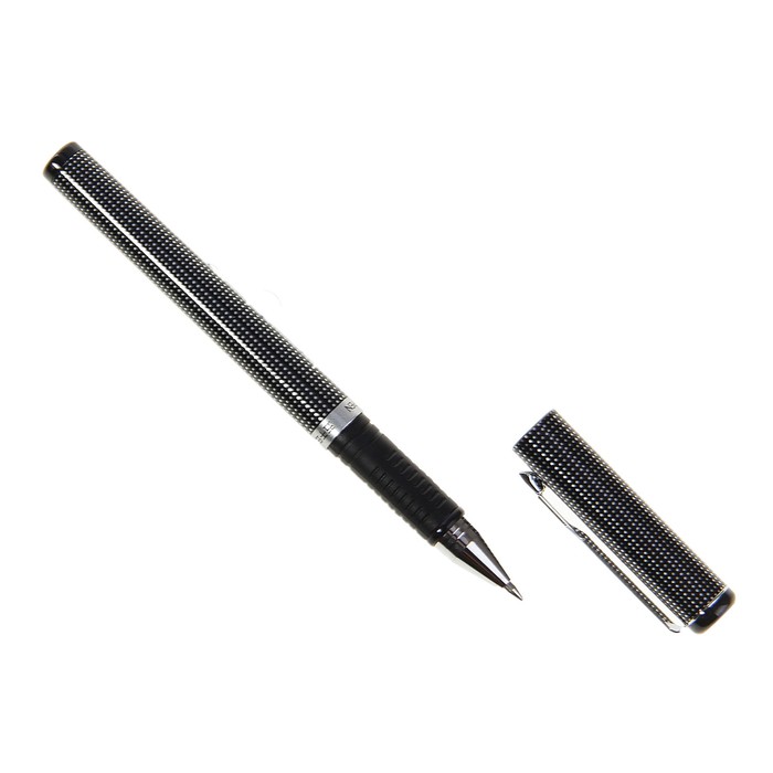 Ручка гелевая 0,7мм черная W-377, корпус серебристый, с резиновым держателем
