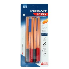 Набор ручек шариковых PENSAN "Officepen", 10 штук, игольчатый узел 1 мм, чернила классические цвета микс, блистер