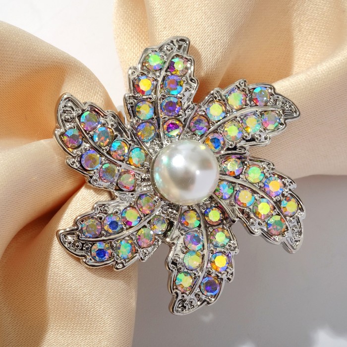 Кольцо для платка "Цветок" папоротник, цвет радужно-белый в серебре - фото 3942005