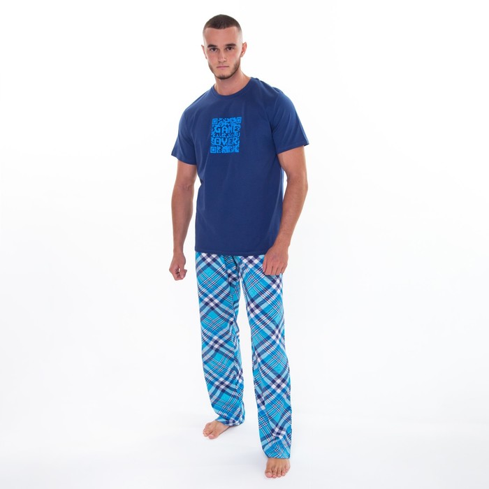 Комплект (футболка/брюки) мужской, цвет синий/клетка, размер 50 - фото 6341035