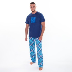 Комплект (футболка/брюки) мужской, цвет синий/клетка, размер 52