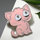 Брошь "Котик" с большими глазами, цвет розовый в серебре - фото 3973072